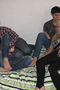 Blonde and brunette teen chicks get fucked by two guys-01