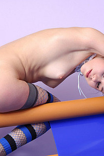 Energetic dark haired girl with long leg socks and very white skin has a fun set.-14